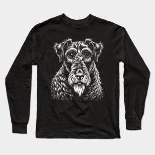 Airedale Terrier Dog Portrait White on Black Long Sleeve T-Shirt